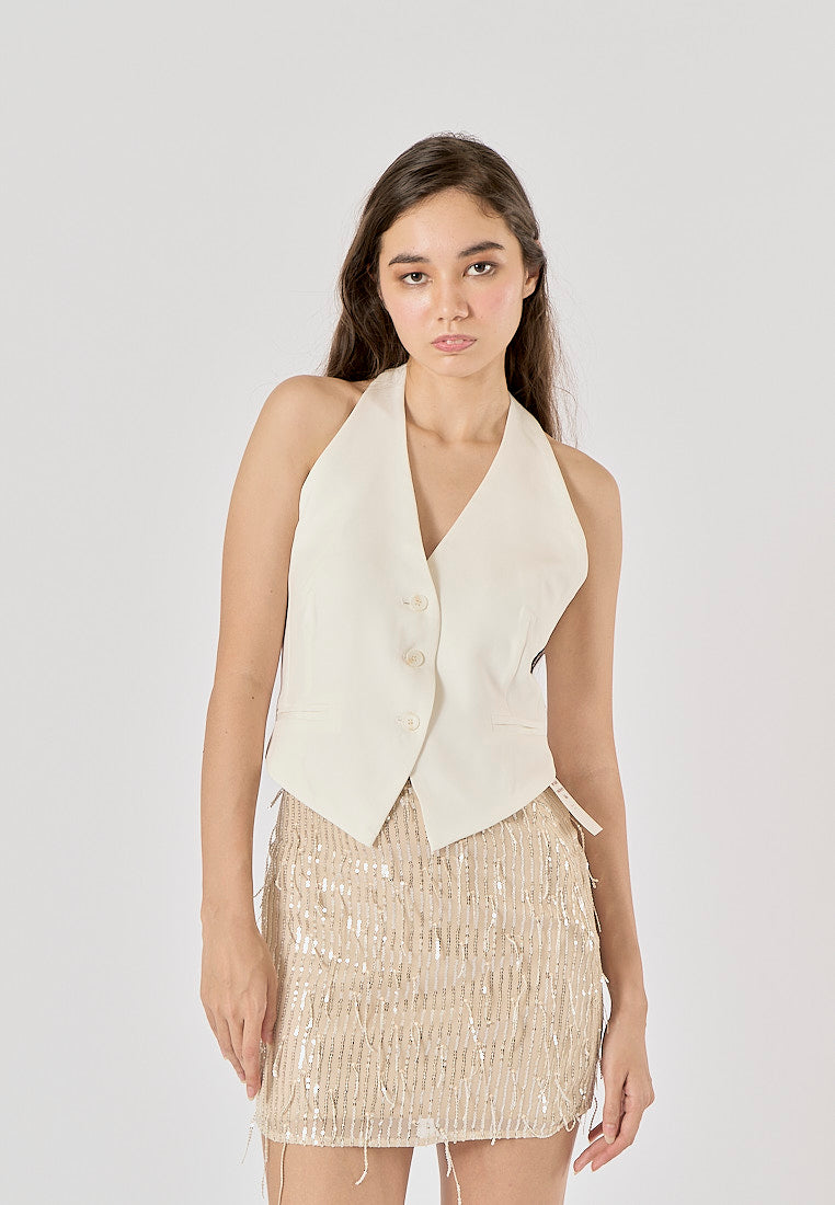 Xylina White Back Hollow Out Buttons up Halter Vest