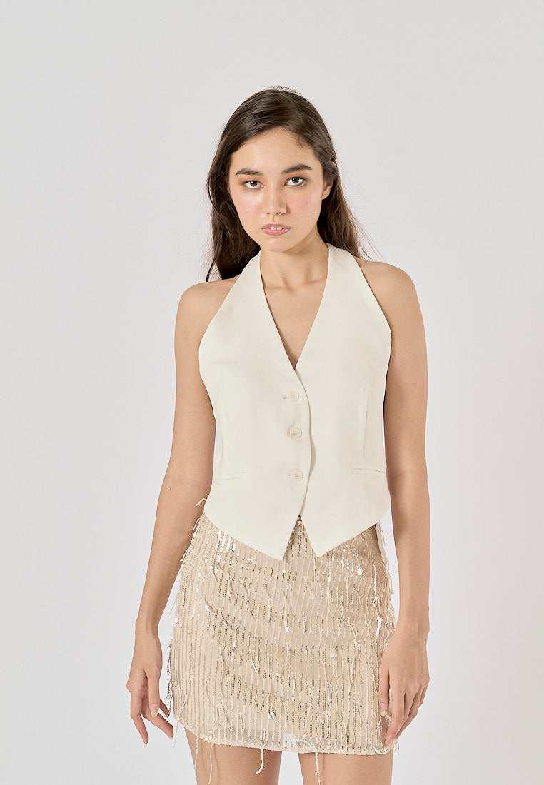 Xylina White Back Hollow Out Buttons up Halter Vest