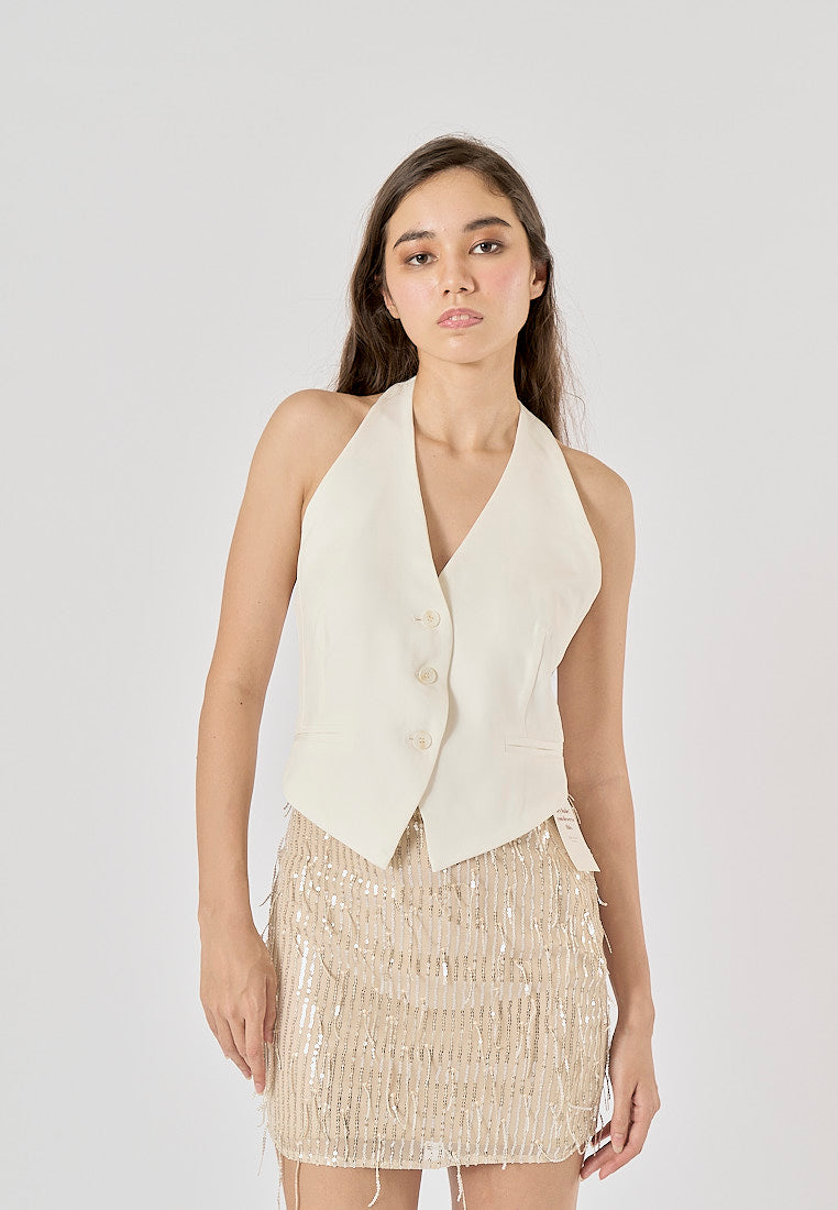 Xylina White Back Hollow Out Buttons up Halter Vest