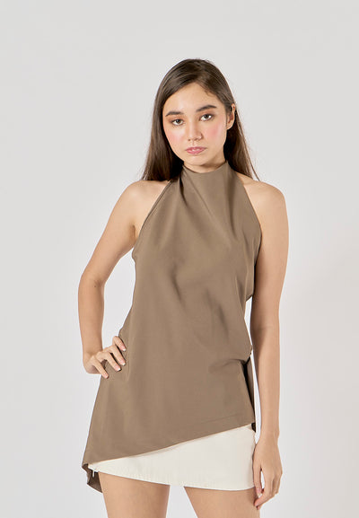 Vidalia Khaki Asymmetrical Design Back Hollow Out Tank Top