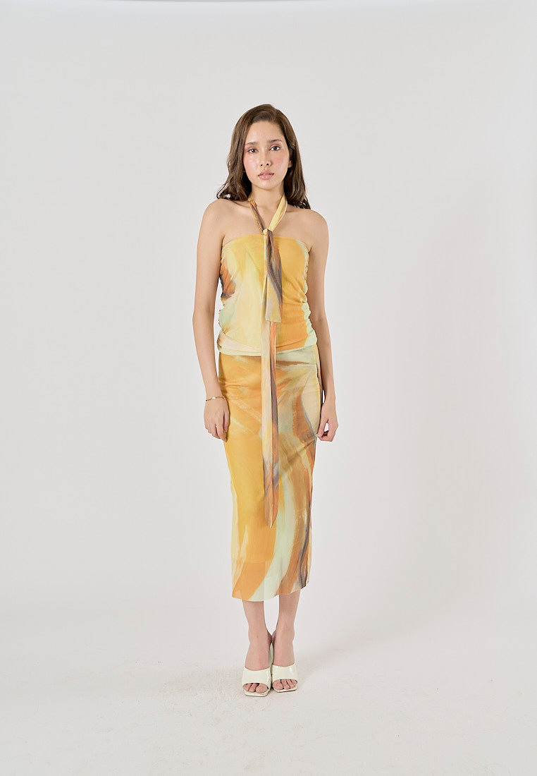 Izora Yellow Tie-Dye Elastic Waist Midi Skirt