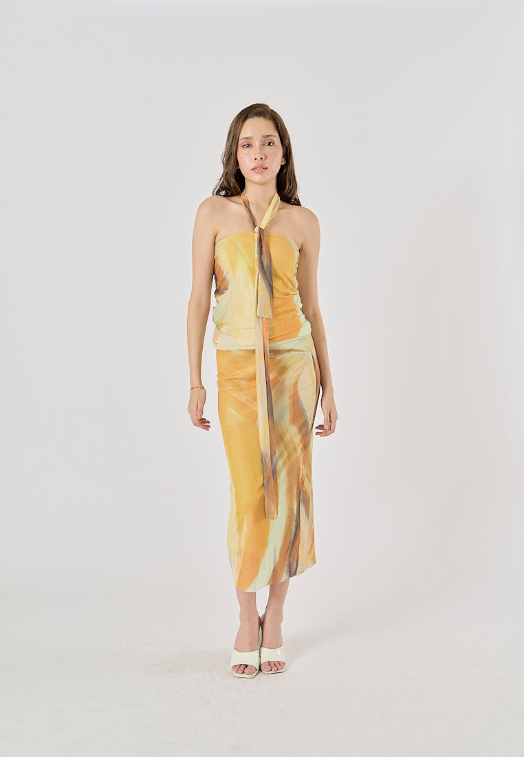 Izora Yellow Tie-Dye Elastic Waist Midi Skirt