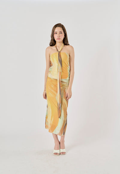 Izora Yellow Tie-Dye Elastic Waist Midi Skirt