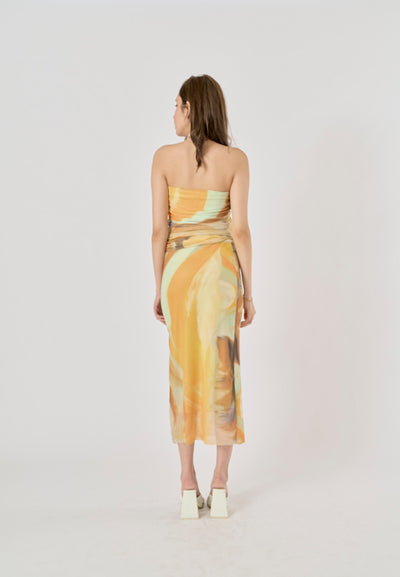 Izora Yellow Tie-Dye Elastic Waist Midi Skirt