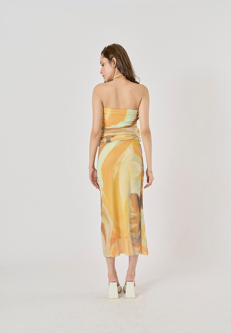 Izora Yellow Tie-Dye Elastic Waist Midi Skirt