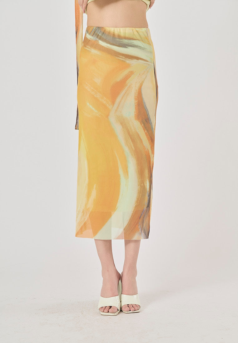 Izora Yellow Tie-Dye Elastic Waist Midi Skirt