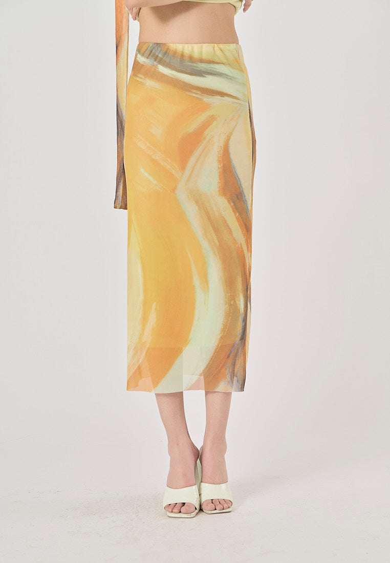 Izora Yellow Tie-Dye Elastic Waist Midi Skirt