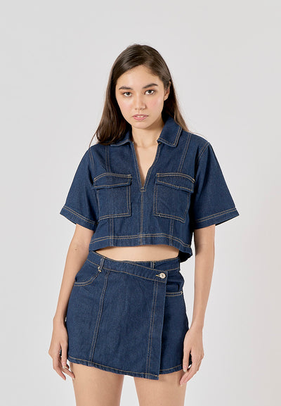 Micas Blue Turn Down Collar Short Sleeve Denim Top