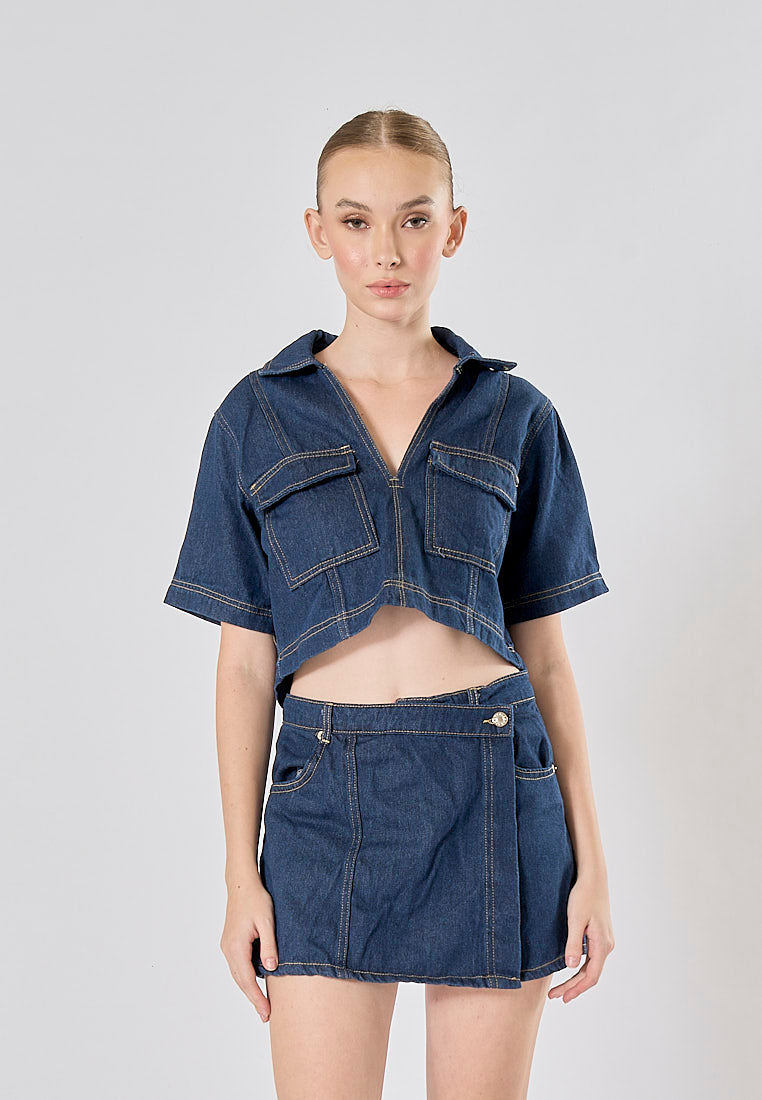 Micas Blue Turn Down Collar Short Sleeve Denim Top