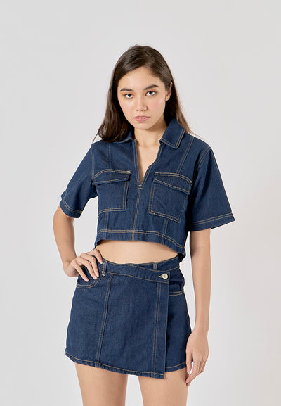 Micas Blue Turn Down Collar Short Sleeve Denim Top