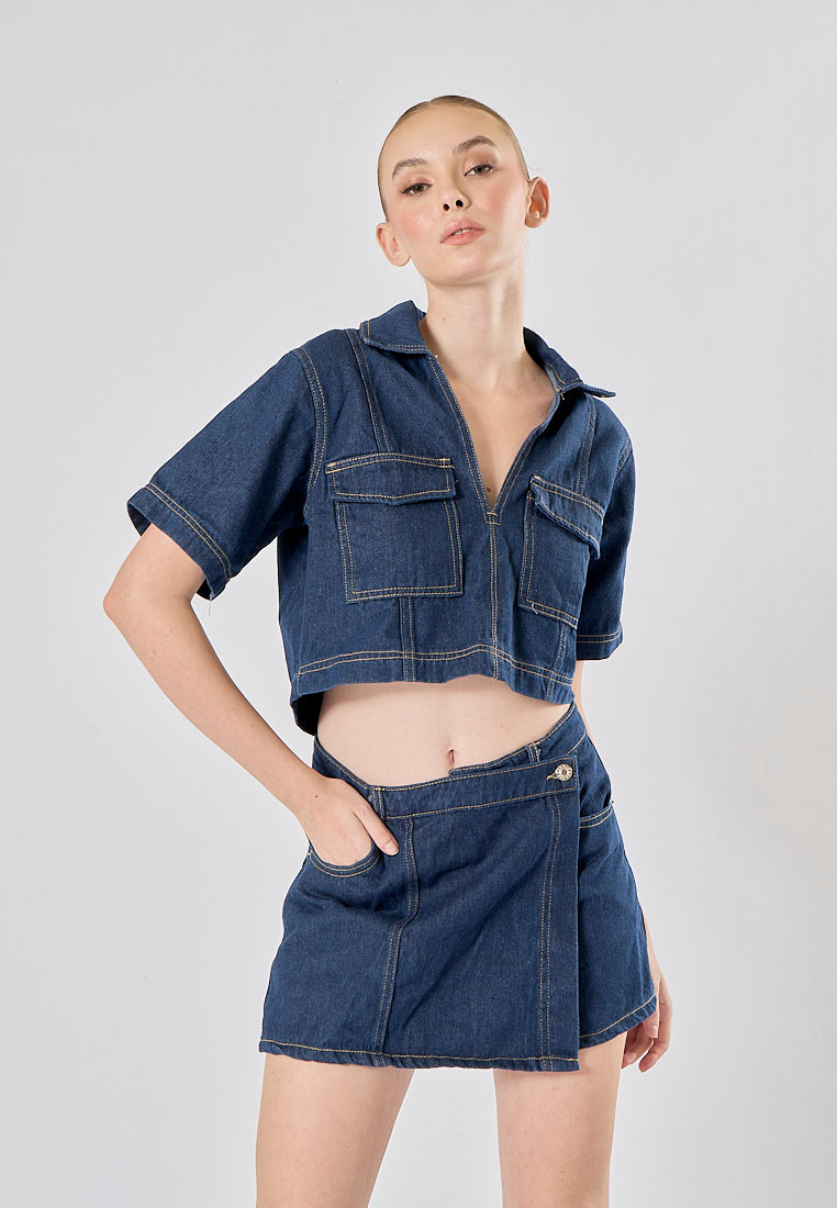 Micas Blue Turn Down Collar Short Sleeve Denim Top