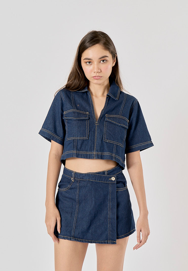 Micas Blue Turn Down Collar Short Sleeve Denim Top