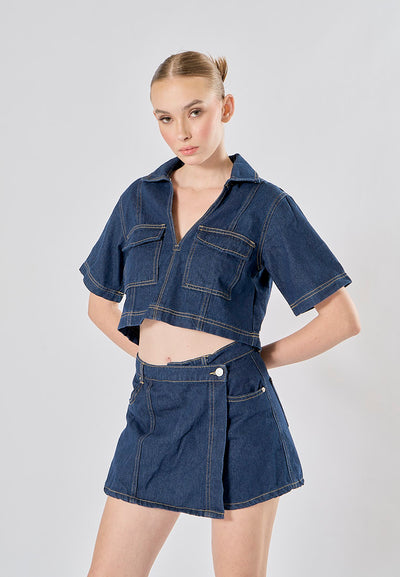 Micas Blue Turn Down Collar Short Sleeve Denim Top