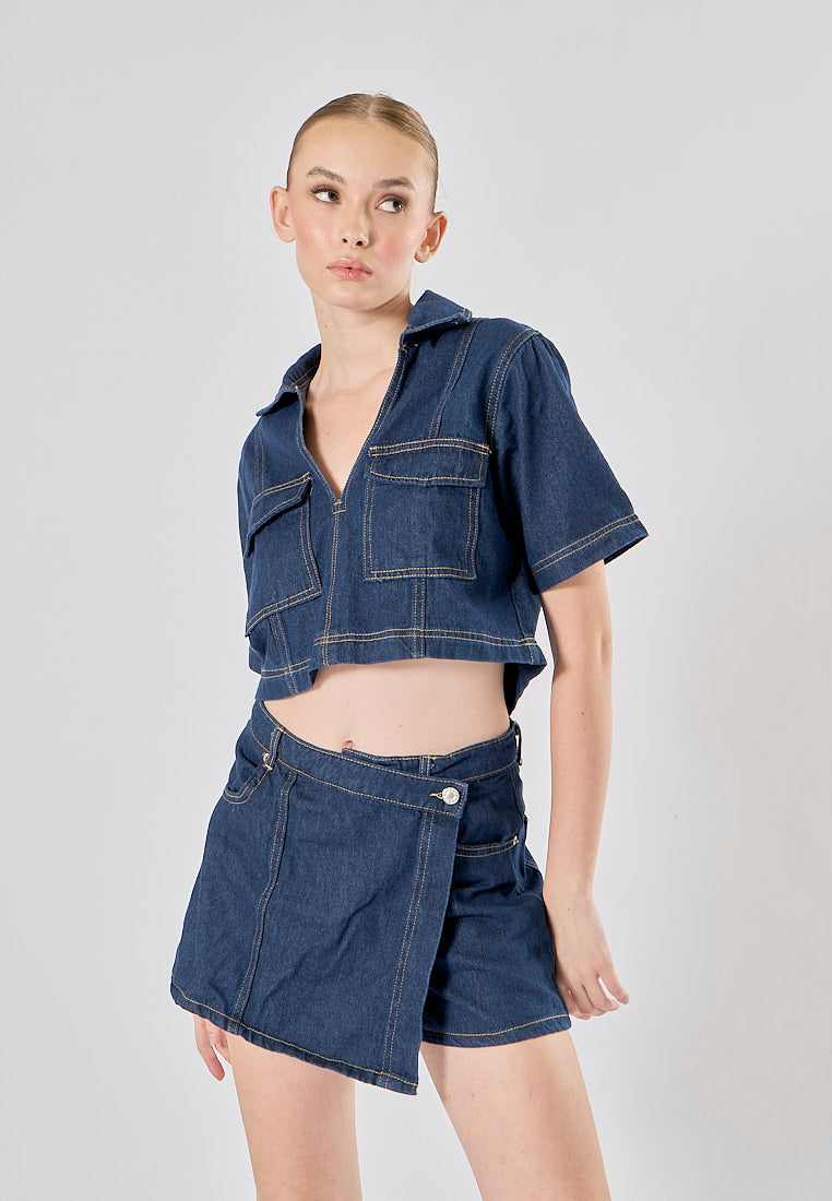 Micas Blue Turn Down Collar Short Sleeve Denim Top