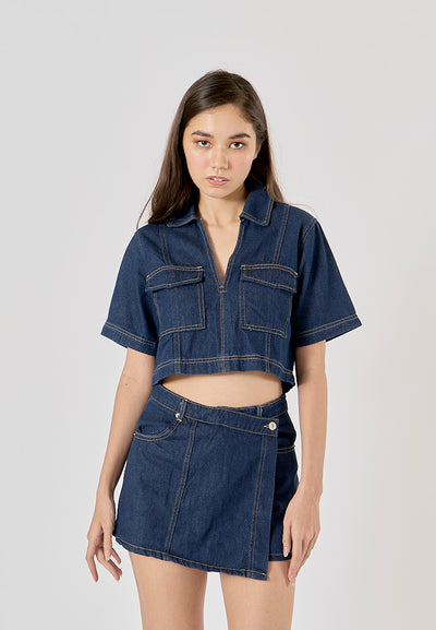 Micas Blue Turn Down Collar Short Sleeve Denim Top