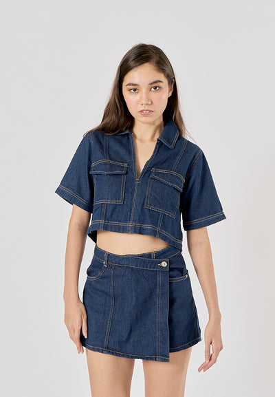 Micas Blue Turn Down Collar Short Sleeve Denim Top