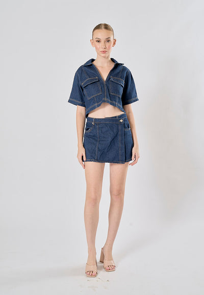 Micas Blue Turn Down Collar Short Sleeve Denim Top