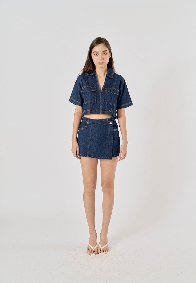 Micas Blue Turn Down Collar Short Sleeve Denim Top