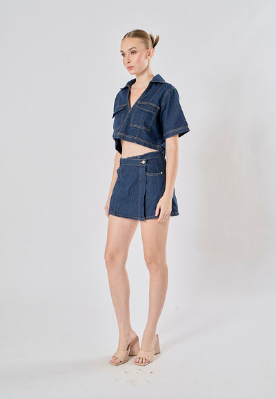 Micas Blue Turn Down Collar Short Sleeve Denim Top