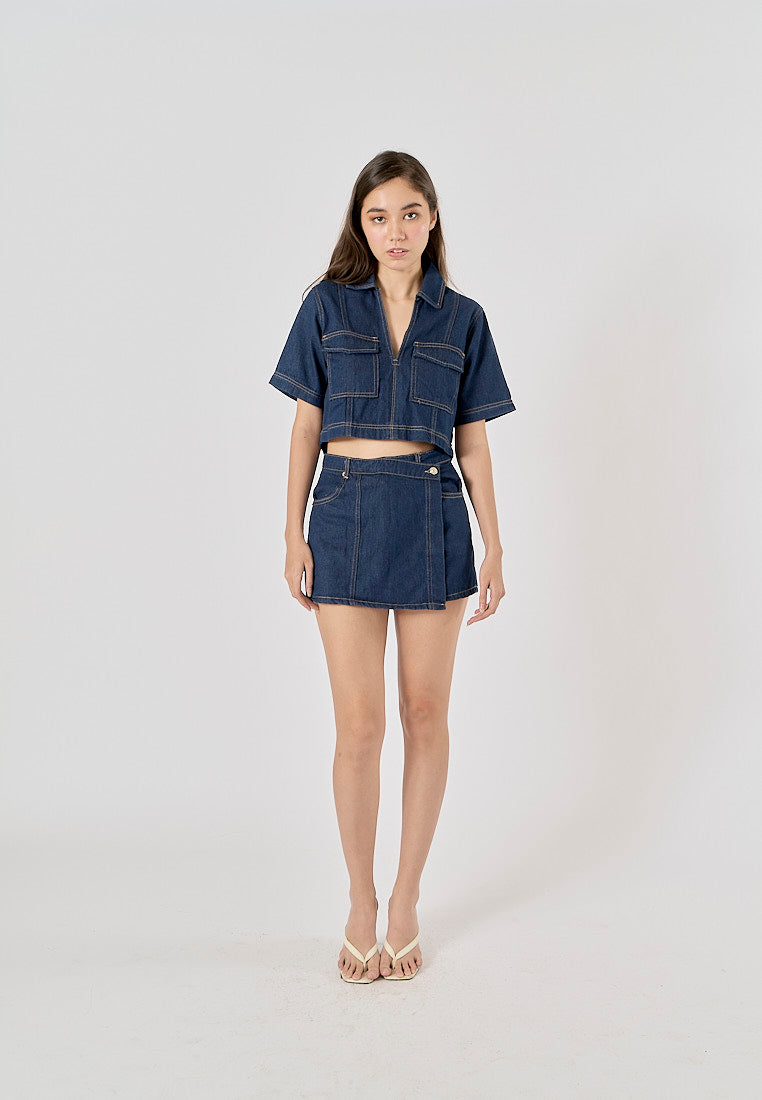 Micas Blue Turn Down Collar Short Sleeve Denim Top