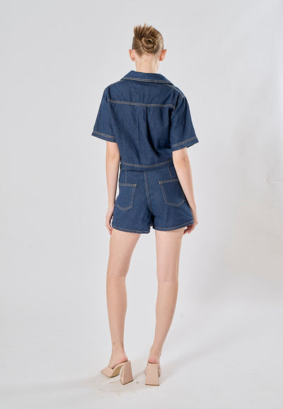 Micas Blue Turn Down Collar Short Sleeve Denim Top