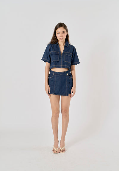 Micas Blue Turn Down Collar Short Sleeve Denim Top