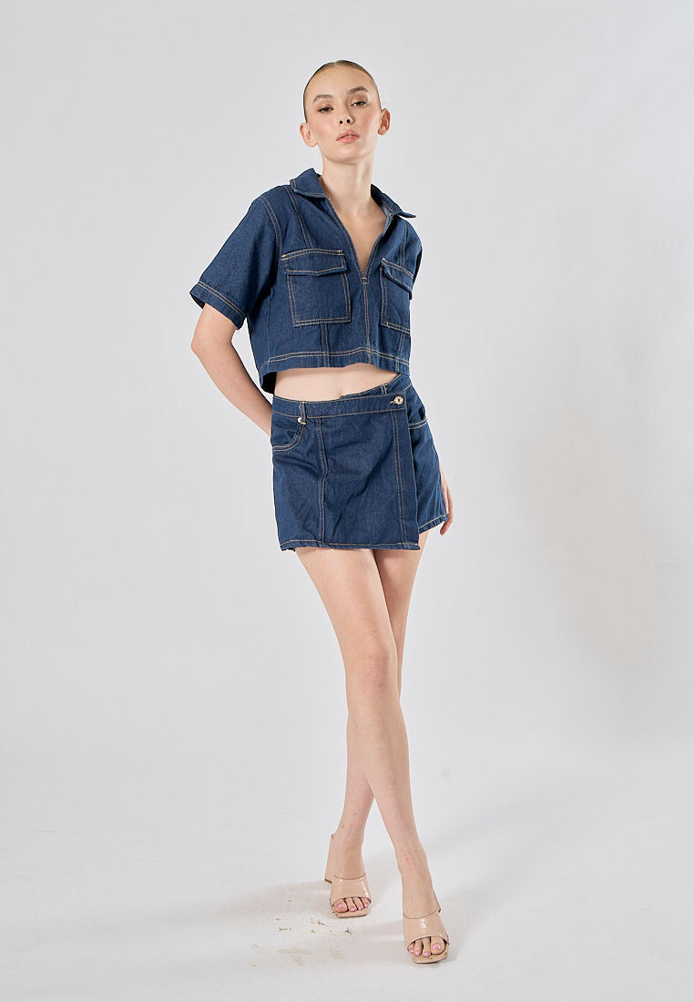 Micas Blue Turn Down Collar Short Sleeve Denim Top