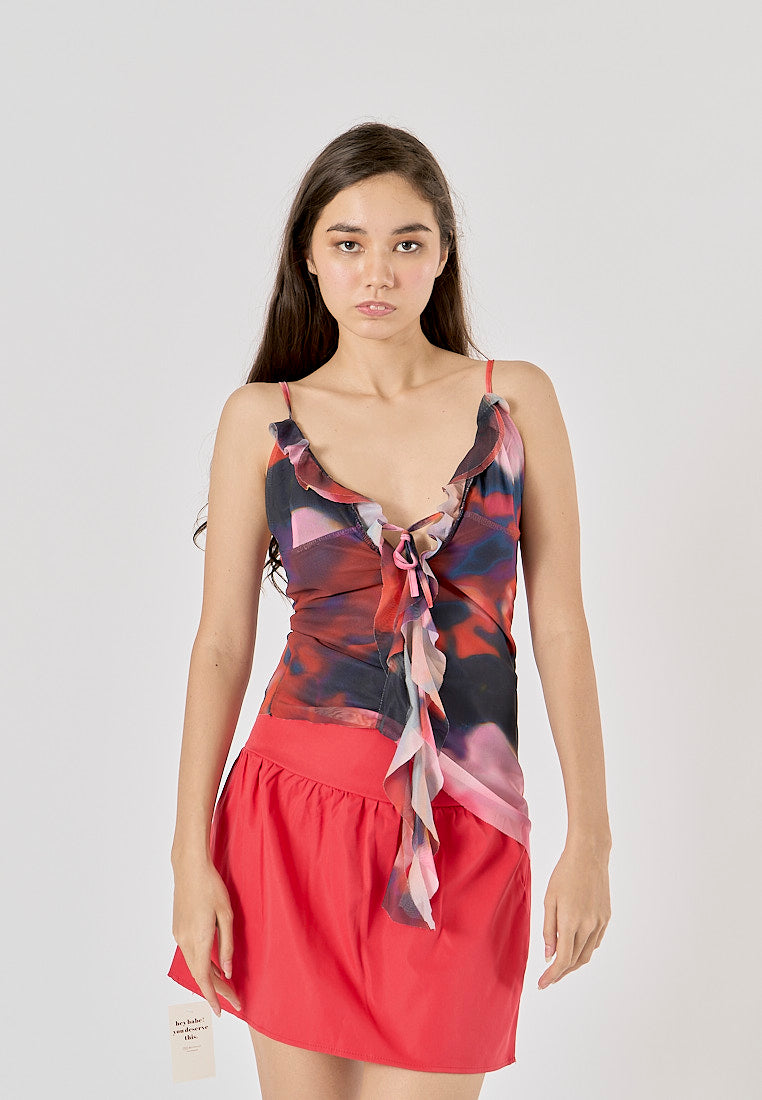 Prudence Multi Color Abstract Printed Asymmetric Ruffle Cami Top