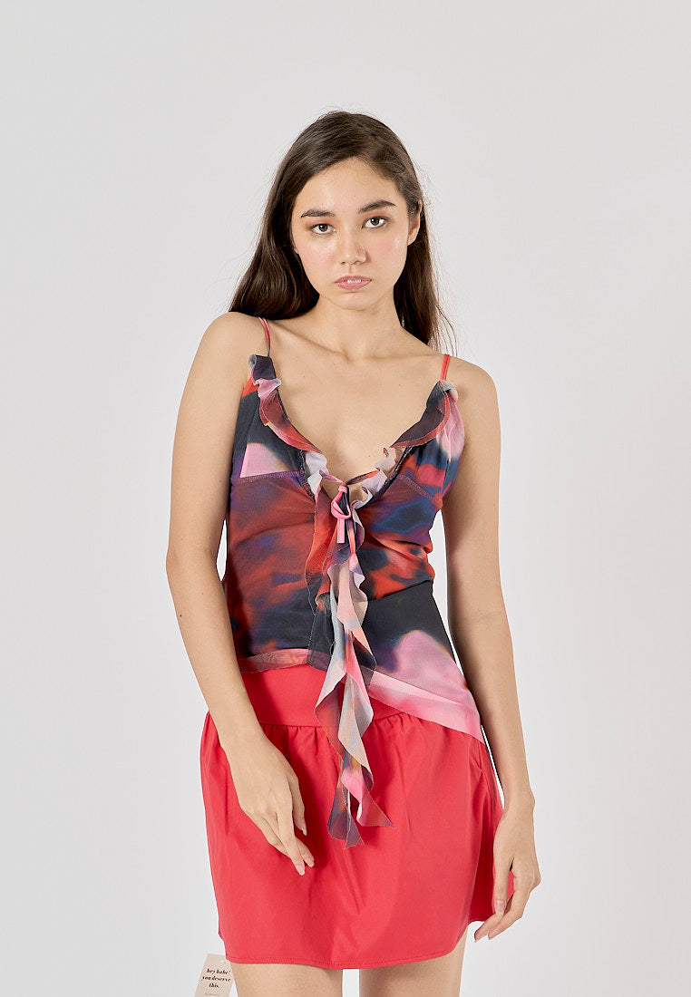 Prudence Multi Color Abstract Printed Asymmetric Ruffle Cami Top