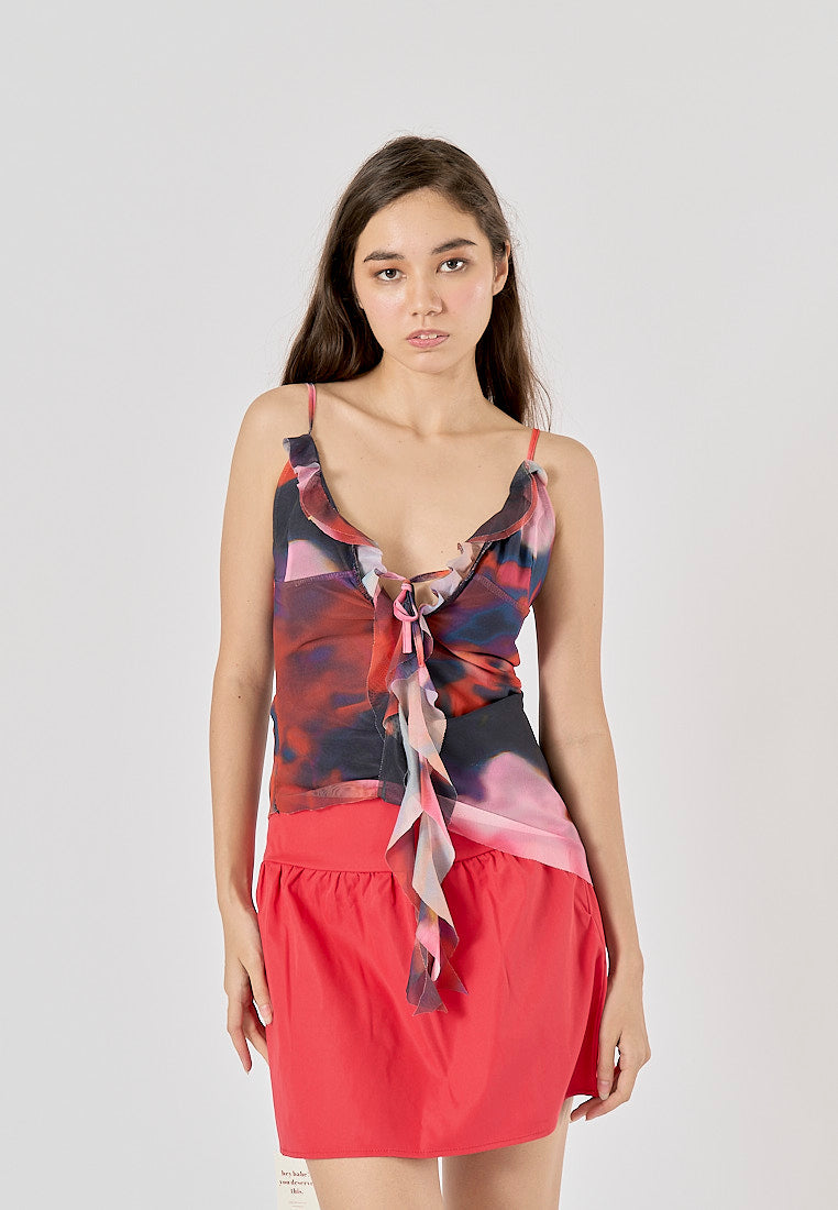 Prudence Multi Color Abstract Printed Asymmetric Ruffle Cami Top