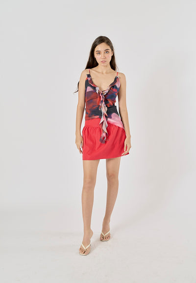 Prudence Multi Color Abstract Printed Asymmetric Ruffle Cami Top