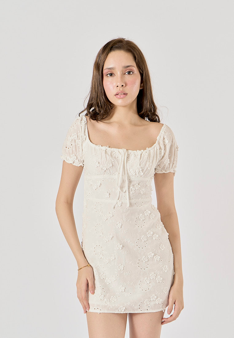 Florida White Floral Embroidery Square Collar Front Lace Up Mini Dress