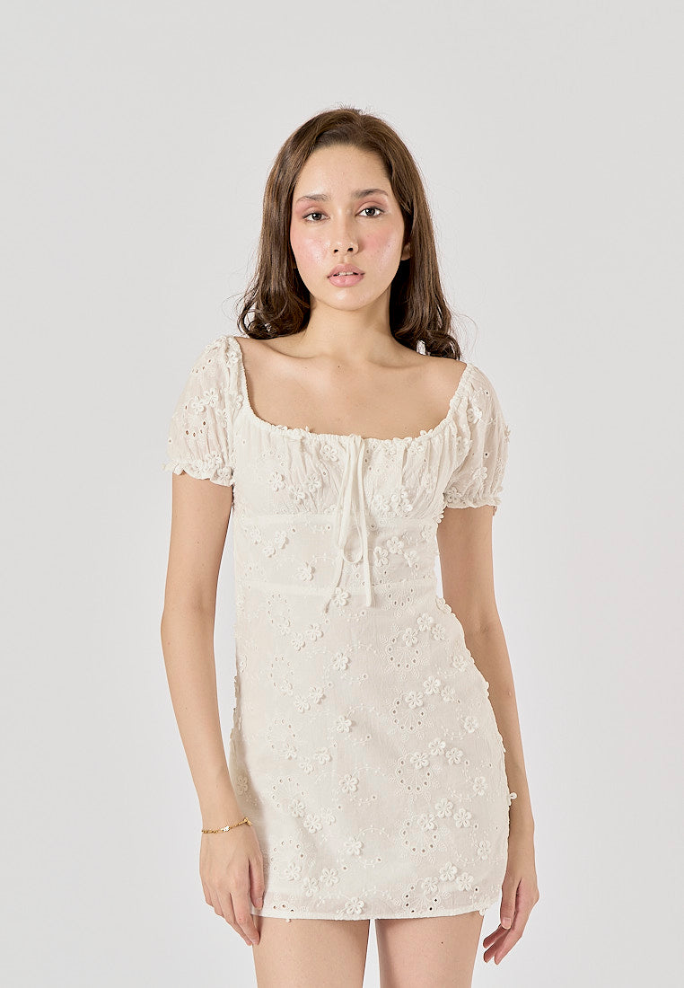 Florida White Floral Embroidery Square Collar Front Lace Up Mini Dress