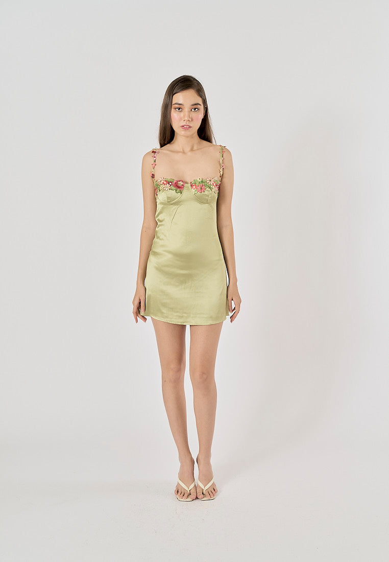 Freesia Sage Green Bustier Floral Embroidery Mini Dress