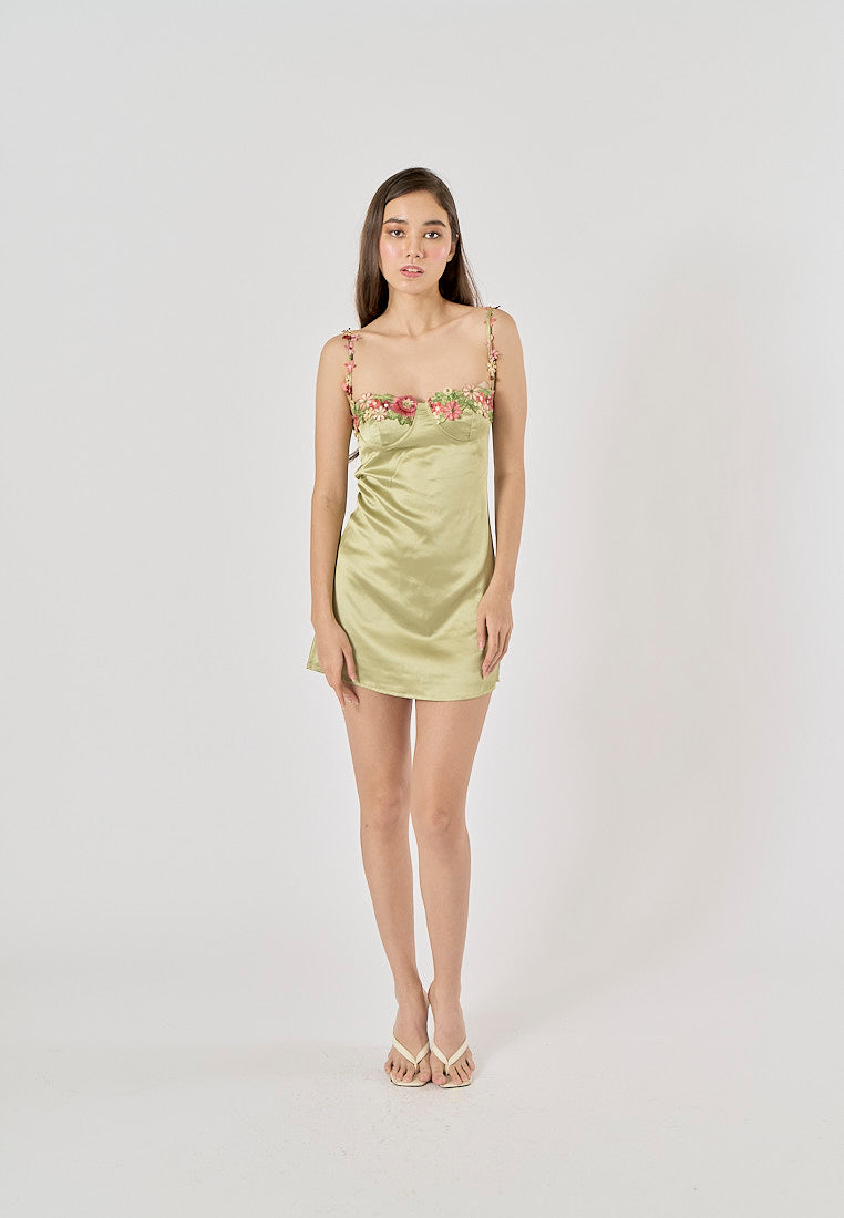 Freesia Sage Green Bustier Floral Embroidery Mini Dress