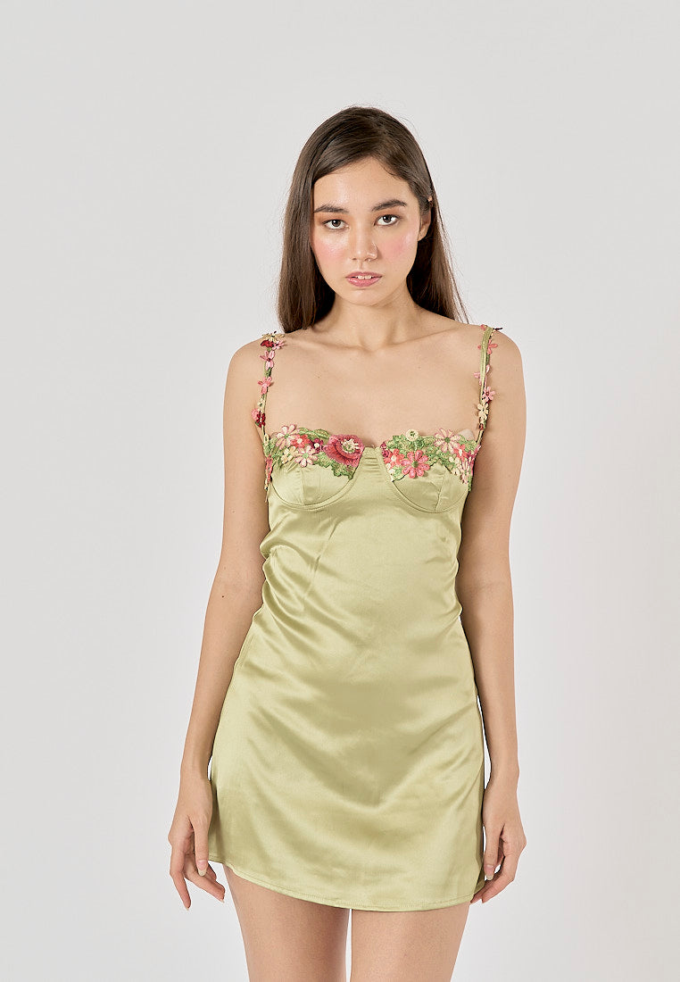 Freesia Sage Green Bustier Floral Embroidery Mini Dress