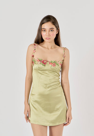 Freesia Sage Green Bustier Floral Embroidery Mini Dress