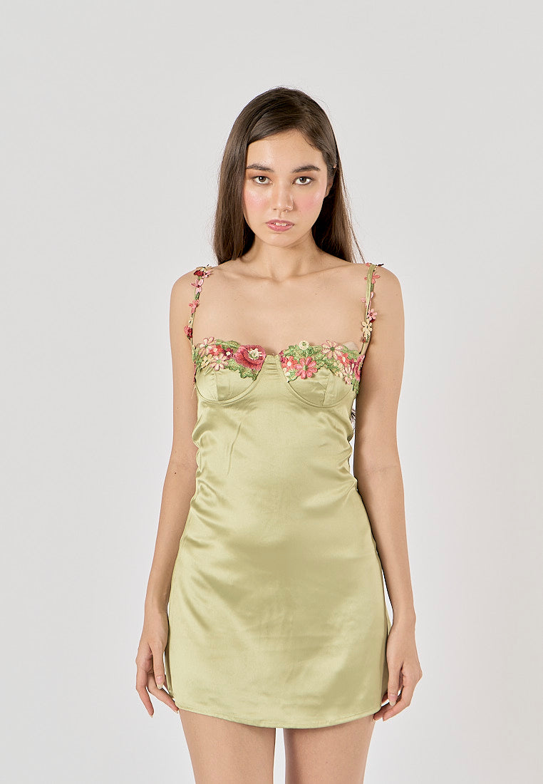 Freesia Sage Green Bustier Floral Embroidery Mini Dress