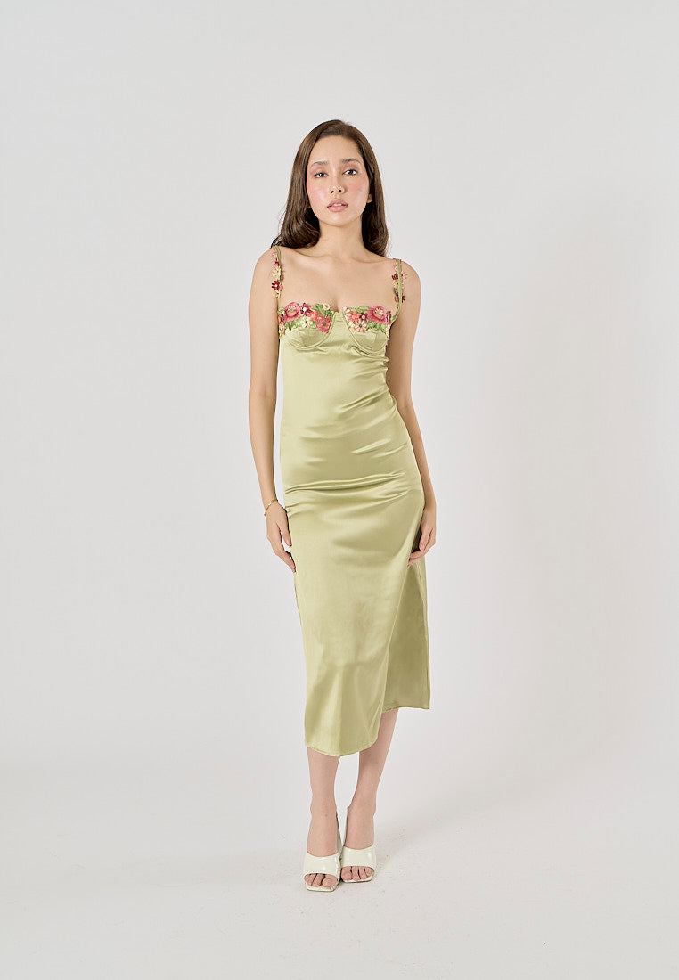 Winika Sage Green Bustier Floral Embroidery Midi Dress