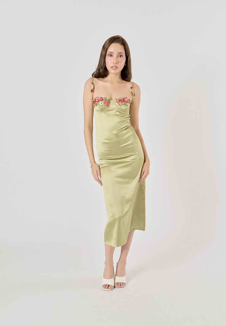 Winika Sage Green Bustier Floral Embroidery Midi Dress