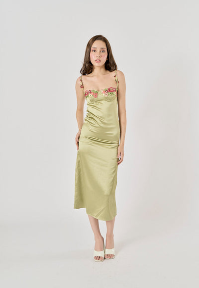 Winika Sage Green Bustier Floral Embroidery Midi Dress