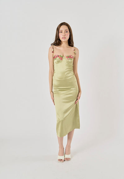 Winika Sage Green Bustier Floral Embroidery Midi Dress