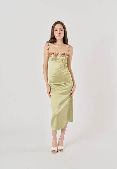 Winika Sage Green Bustier Floral Embroidery Midi Dress