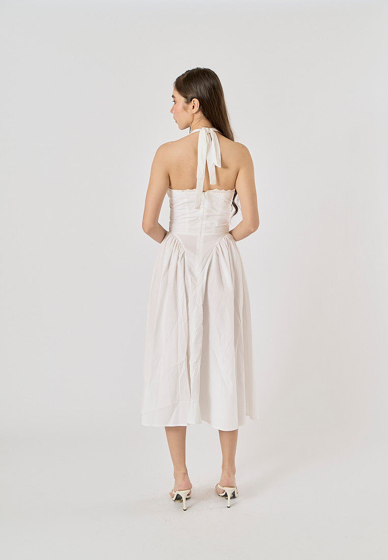 Talula White Back Hollow Out Front Lace up Halter Midi Dress