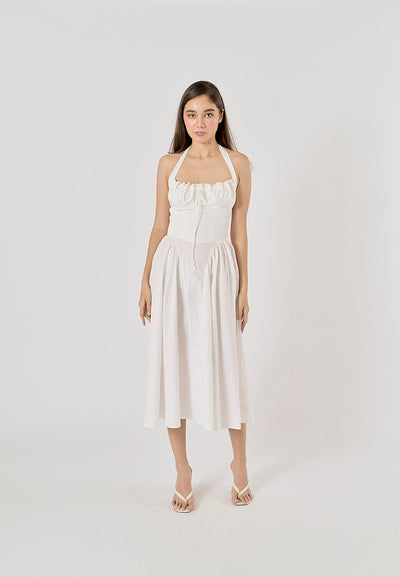 Talula White Back Hollow Out Front Lace up Halter Midi Dress