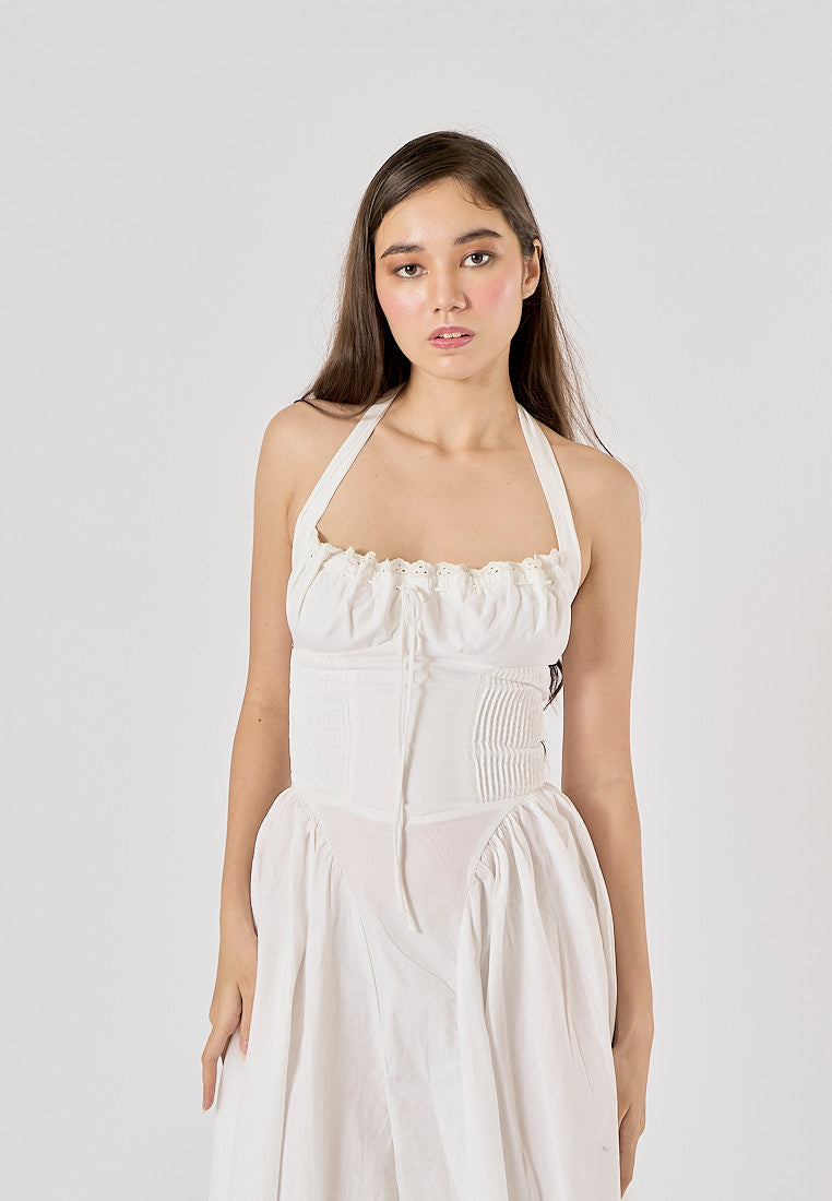 Talula White Back Hollow Out Front Lace up Halter Midi Dress