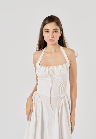 Talula White Back Hollow Out Front Lace up Halter Midi Dress