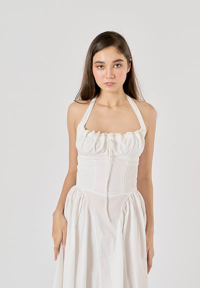 Talula White Back Hollow Out Front Lace up Halter Midi Dress