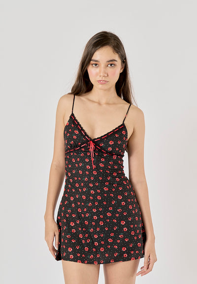 Eliora Black Floral Print V - Neck Mini Dress