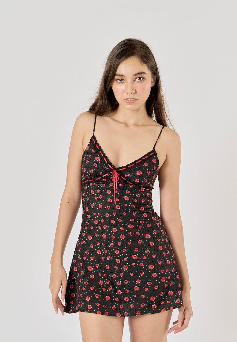 Eliora Black Floral Print V - Neck Mini Dress